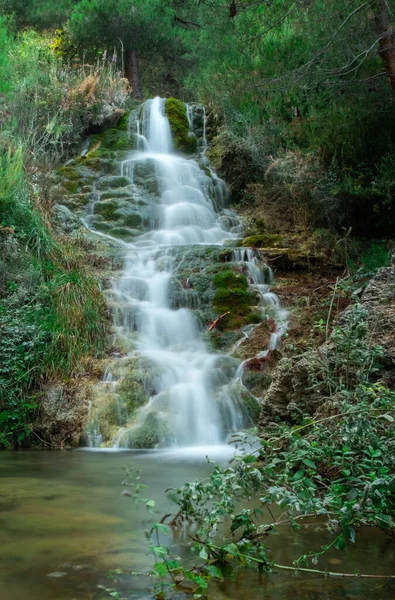 Маленький красивый водопад с зелеными деревьями. — стоковое фото