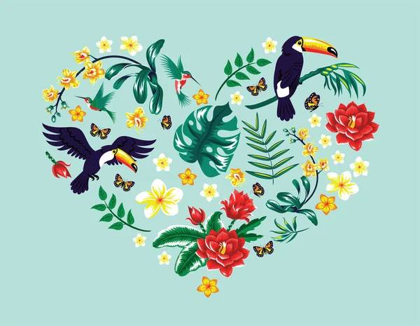 Corazón con hojas tropicales, flores y un pájaro. — Vector de stock