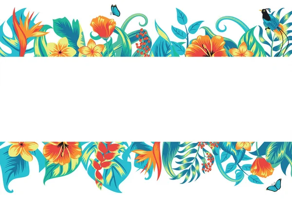 Banner met tropische bladeren, bloemen en een vogel. — Stockvector