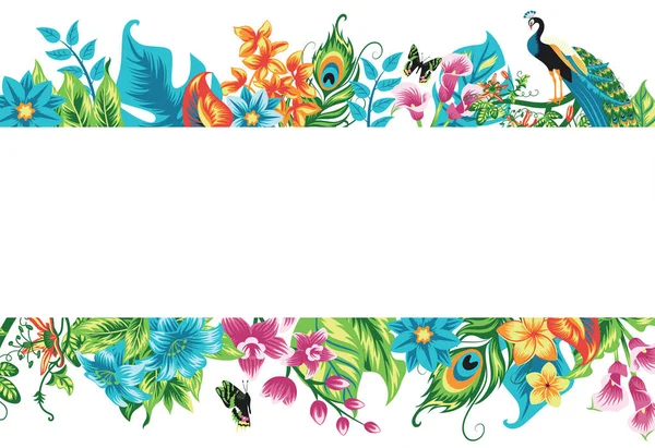 Banner mit tropischen Blättern, Blumen und einem Vogel. — Stockvektor