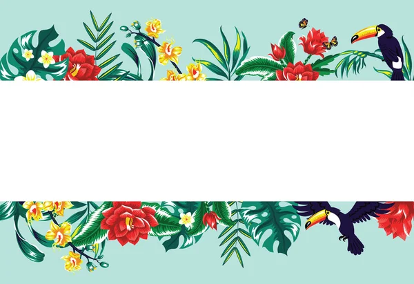 Banner trópusi levelekkel, virágokkal és egy madárral. — Stock Vector