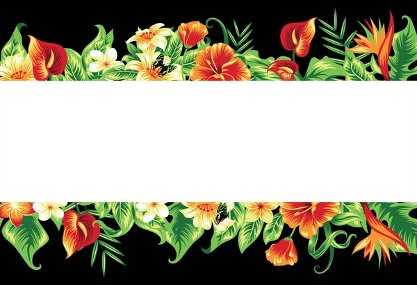 Banner met tropische bladeren en bloemen op zwart. — Stockvector