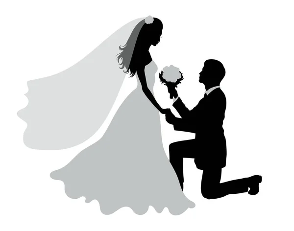 Romantische bruiloft silhouetten van een paar op wit. — Stockvector