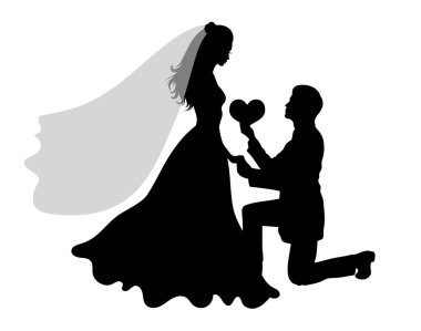 Beyazlı bir çiftin romantik düğün siluetleri.