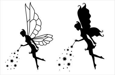 Beyaz üzerine bir perinin siluet koleksiyonu.