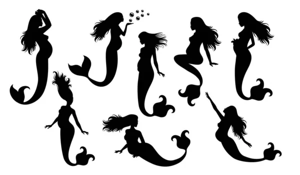 Set of vector silhouettes of pregnant mermaid. — Stock Vector