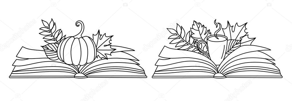 Autumn leaves with a book in a line art style.