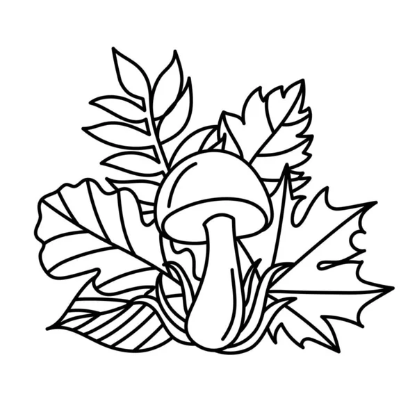 Champiñón con hojas de otoño en un estilo de arte de línea. — Vector de stock