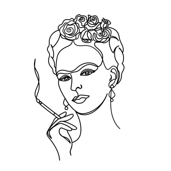 Frida woman in a modern one line style. — Stock Vector