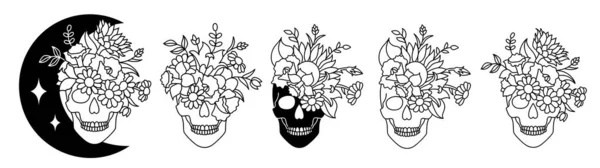 Ensemble de crânes avec une rose dans un style line art. — Image vectorielle