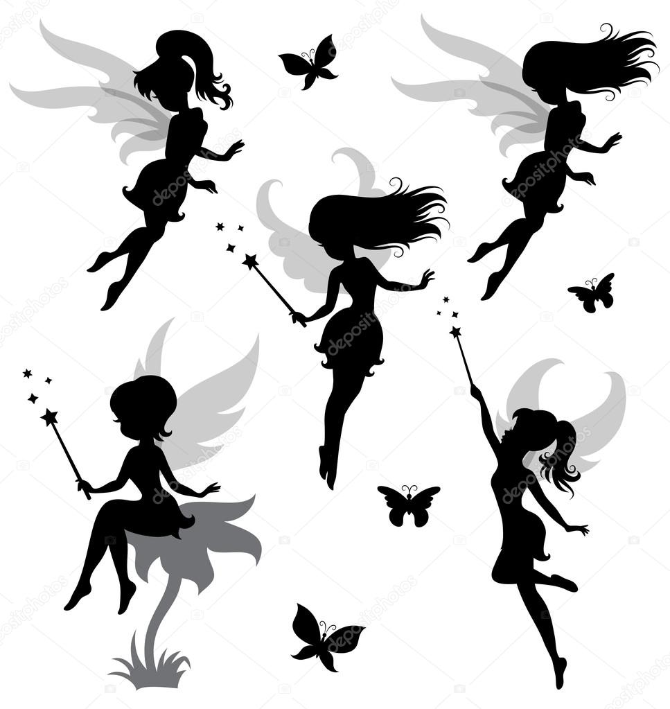Collections of vector silhouettes of a fairy.