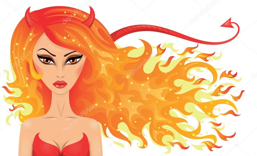 Vector illustration of a sexy devil with hair in a shape of fire.