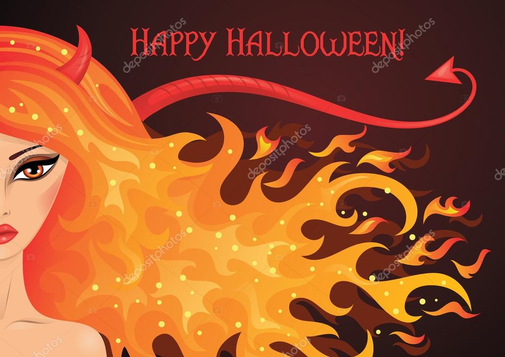 Vector illustration of a sexy devil with hair in a shape of fire.