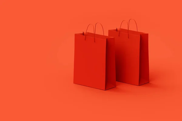 Twee Rode Papieren Boodschappentassen Rode Achtergrond Webbanner Sjabloon Weergave — Stockfoto