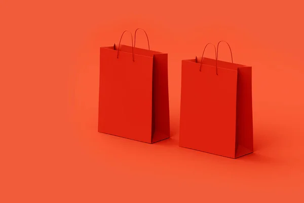 Két Piros Papír Bevásárló Táskák Piros Háttér Web Banner Vagy — Stock Fotó