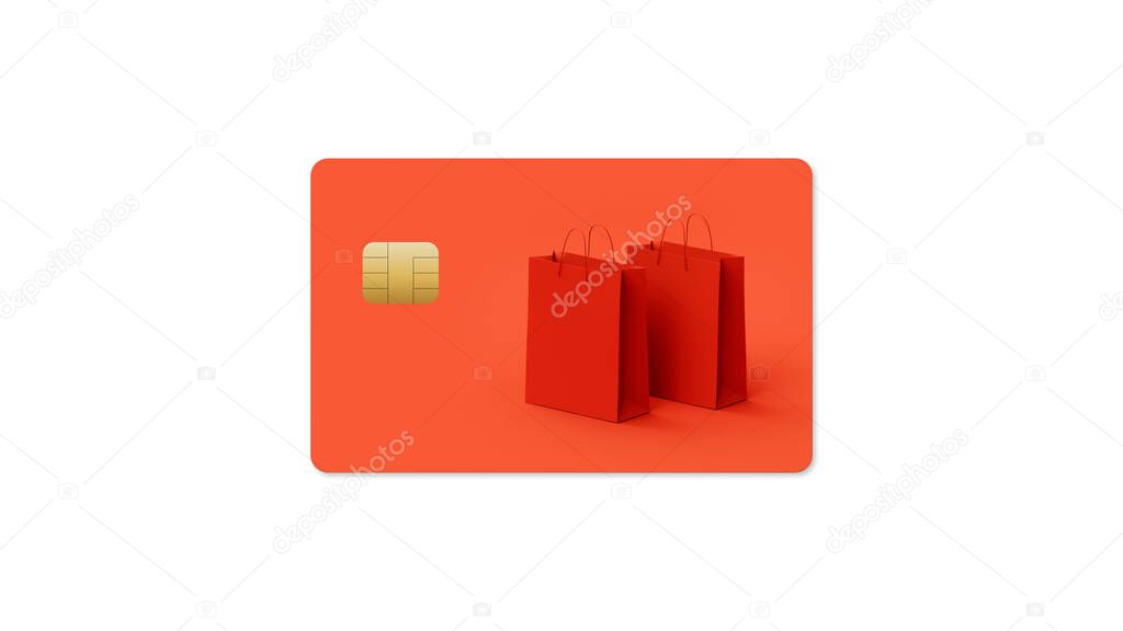 red credit card with paper bags image isolated on white background, web banner or template, illustration