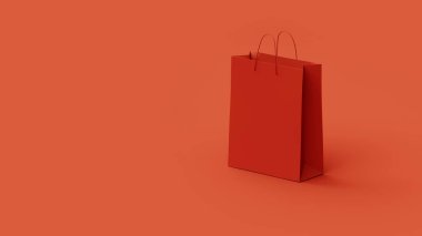 Kırmızı arkaplanda kırmızı kağıt alışveriş torbası, web pankartı ya da şablon, 3D görüntüleme