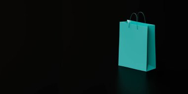 Siyah arkaplanda yeşil kağıt alışveriş torbası, web pankartı ya da şablon, 3D görüntüleme