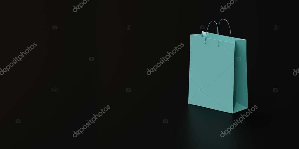 Green paper shopping bag on black background, web banner or template, 3d rendering