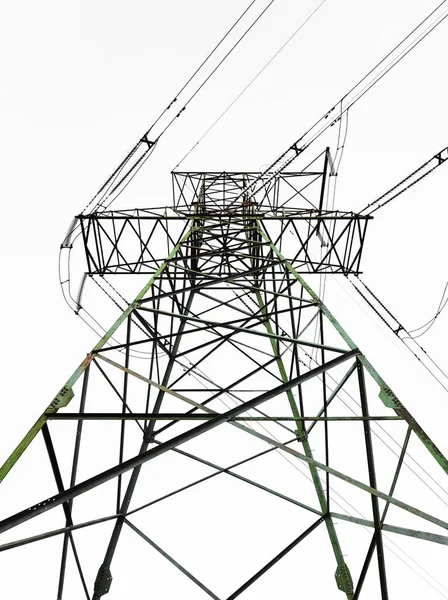 Linie Przesyłu Energii Elektrycznej Wysokiego Napięcia Białym Tle Plakat Lub — Zdjęcie stockowe