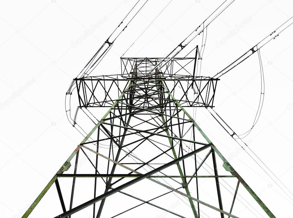 high voltage electricity transmission lines on white background, poster or wallpaper