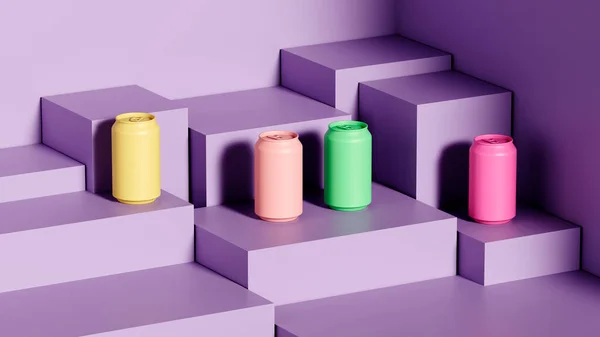 Puesta Escena Latas Bebidas Aluminio Multicolor Cubículo Concepto Mínimo Plantilla — Foto de Stock