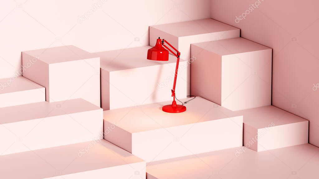 red glowing table lamp on a pink stand made of cubes, template or wallpaper, 3d rendering