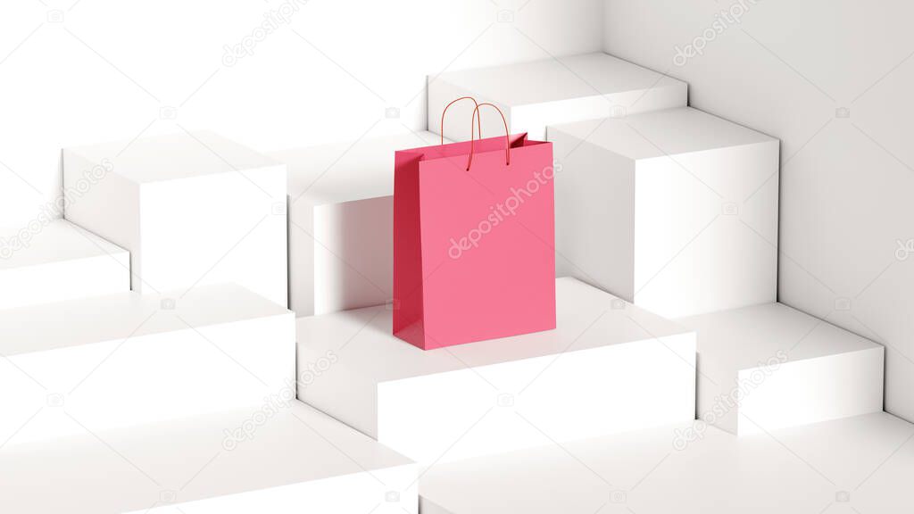 pink paper shopping bag on white background stand, web banner or template, 3d rendering