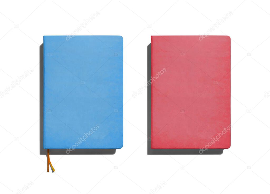 blue and red notepads on white background, template, place for text