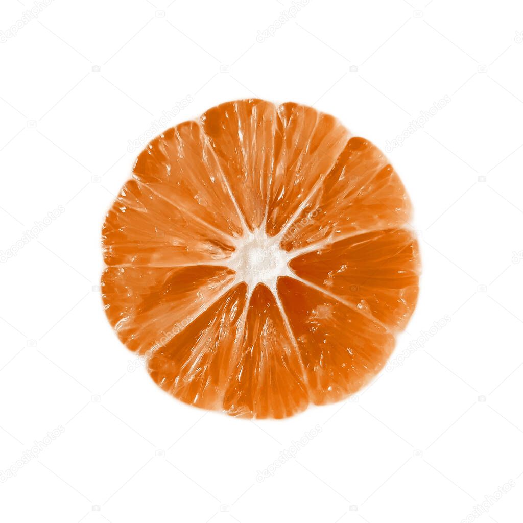 Top view of textured ripe citrus orange slice isolated on white background. Orange slice with edging