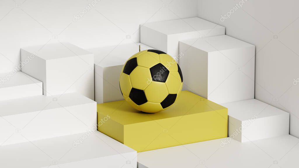 black yellow classic soccer ball isolated on white podium, exhibition for sale, 3d rendering, wallpaper or banner