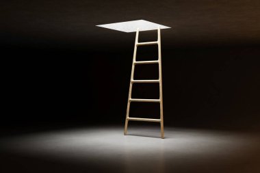 Karanlık bir odadaki deliğin altındaki ahşap merdiven, gelişmenin ya da doğru yönde hareket etmenin metaforu olarak, asgari yapı konsepti, 3D görüntüleme