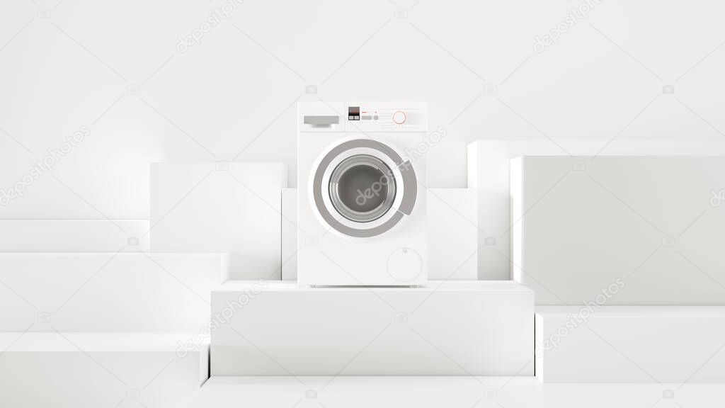 White washing machine on white stand for sale, creative presentation, web template, 3d rendering