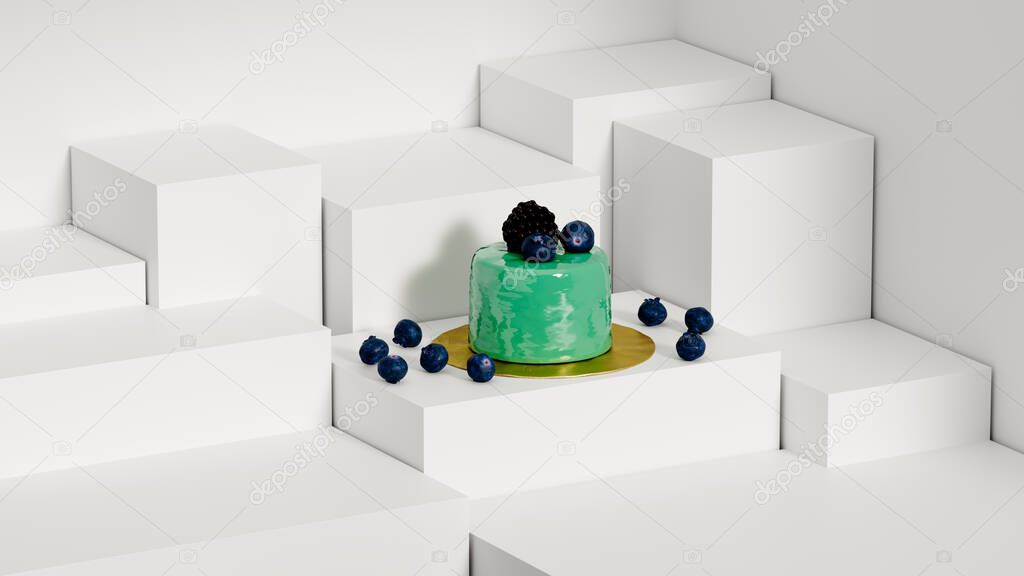 berry muffin with blueberries and blackberries isolated on a white stand in a pastry shop, treat or sweetness, sample, 3d rendering