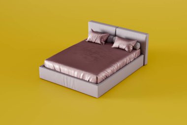 Çift katlı klasik yatak, sarı arka planda stüdyo yatak başlığı, ev eşyaları, perspektif, şablon ya da afiş, 3D görüntüleme
