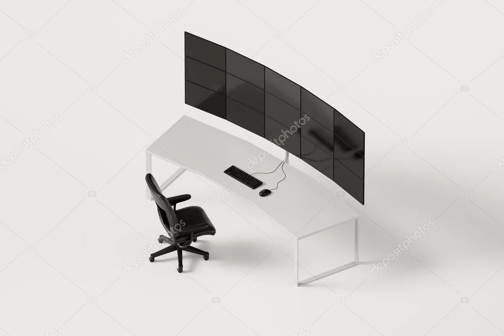 workspace for programmer or graphic artist or security room, white table with chair and monitors complete with keyboard and mouse on white background in studio, 3D rendering