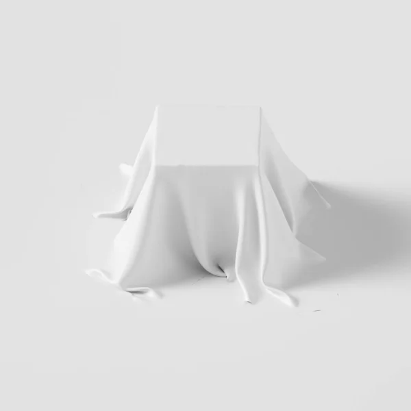 Pedestal Coberto Com Pano Branco Luxuoso Fundo Branco Estúdio Banner — Fotografia de Stock