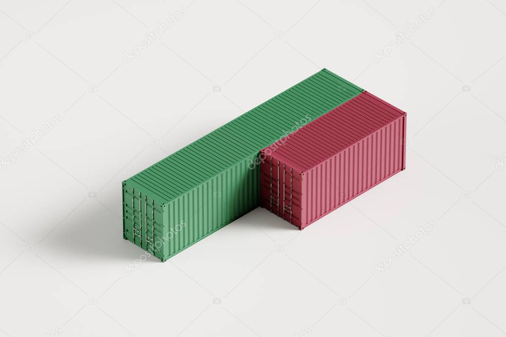 two sea containers of different sizes and colors, isolated on a white background, 20 feet and 40 feet, banner or source, poster, 3d rendering