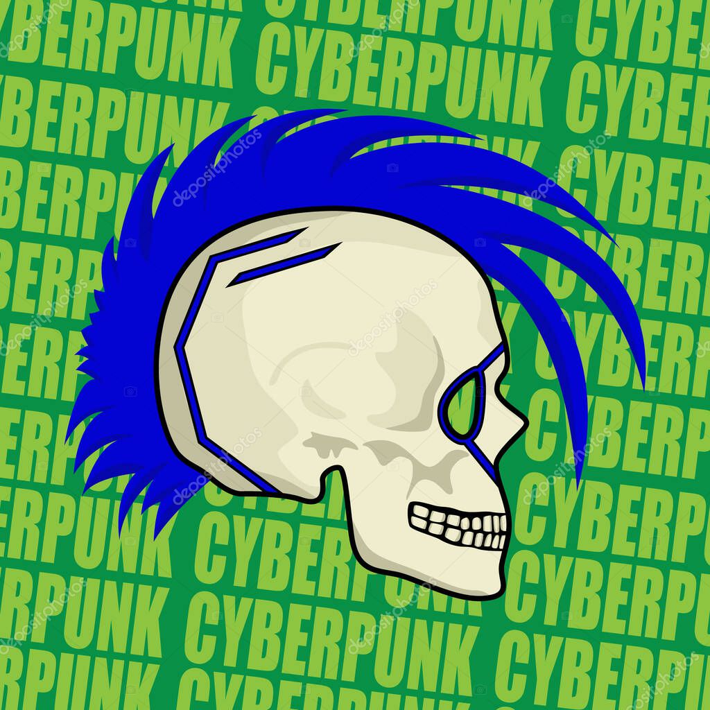 Images of a cyberpunk skull with a hairstyle and metal parts. Images for various purposes, games, websites, and more. Vector illustration.