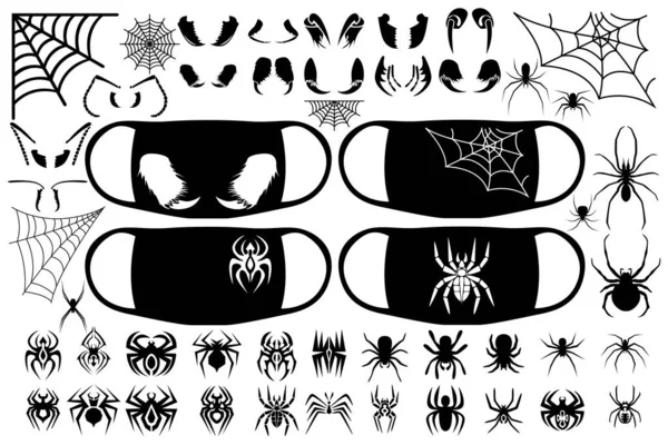 Large Set Spiders Webs More Print Medical Mask Vector Illustration — Stock Vector
