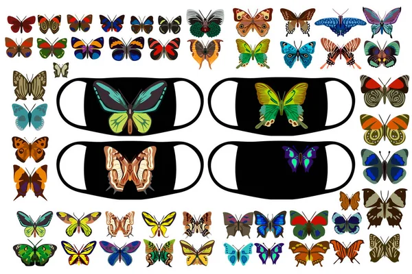 Sada Různých Motýlů Otisky Maskách Koronaviru Vektorová Ilustrace — Stockový vektor