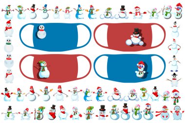 Noel ve yeni yıl için büyük bir kardan adam seti. Maskede parmak izleri var. Farklı amaçlar için görüntüler. Vektör illüstrasyonu.