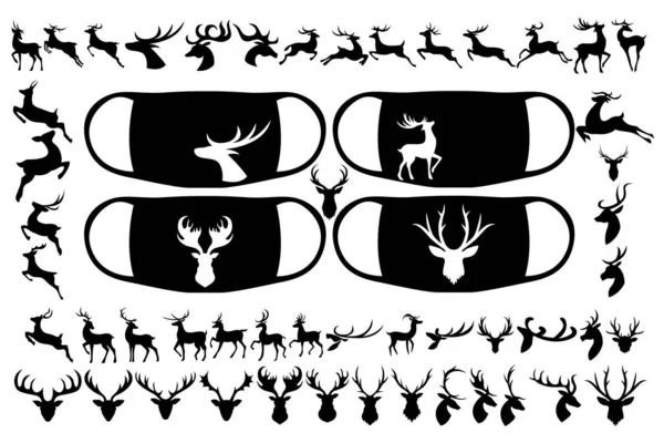 Large Set Deer Heads Horns Prints Mask Images Different Purposes — Stockvector