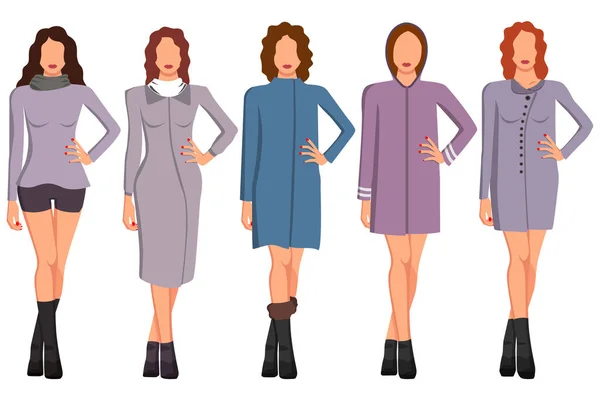 Conjunto Cinco Chicas Con Una Buena Figura Ropa Invierno Hermosa — Vector de stock