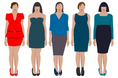 Farklı stil ve renklerde güzel giyimli beş kız. Vücut pozitif. Vektör illüstrasyonu.