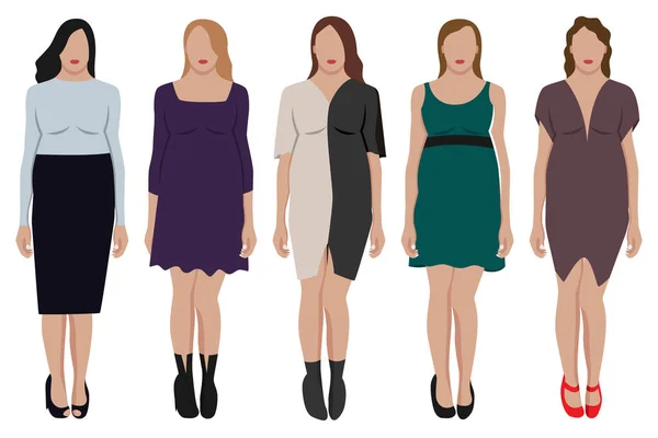 Conjunto Cinco Chicas Ropa Hermosa Diferentes Estilos Colores Cuerpo Positivo — Vector de stock