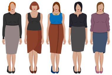 Farklı stil ve renklerde güzel giyimli beş kız. Vücut pozitif. Vektör illüstrasyonu.