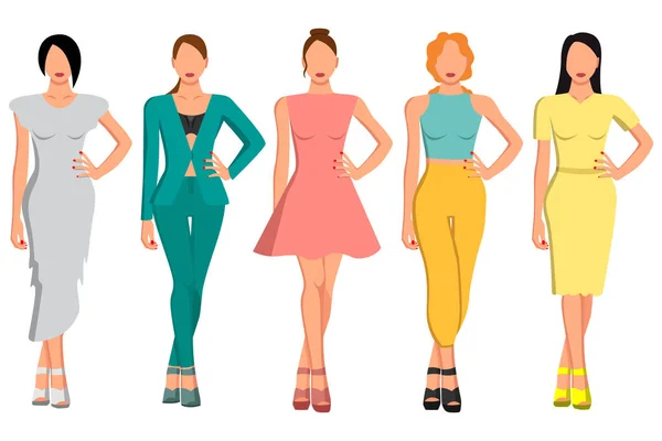 Conjunto Cinco Chicas Con Una Buena Figura Ropa Hermosa Diferentes — Vector de stock