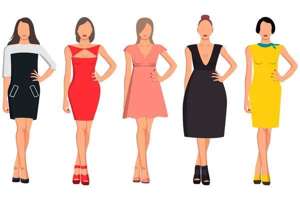 Conjunto Cinco Chicas Con Una Buena Figura Ropa Hermosa Diferentes — Vector de stock