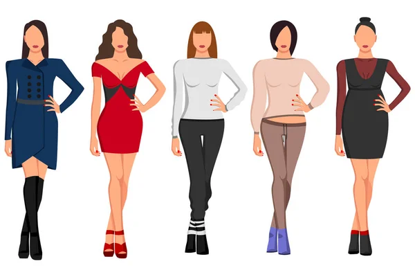 さまざまなスタイルと色の美しい服の中で良い数字を持つ5人の女の子のセット ベクターイラスト — ストックベクタ